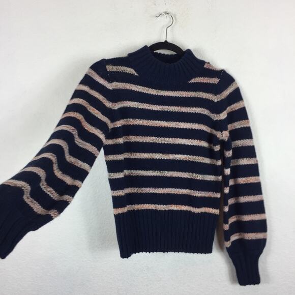 Madewell Blue Striped Wool Sweater XXS Metcalf Mockneck Balloon Sleeve Chunky - Picture 10 of 12